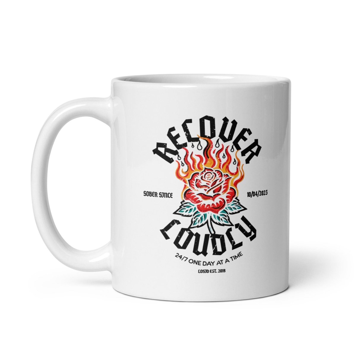 Recover Loudly White Sober Coffee Mug flat lay styled image (view 3)