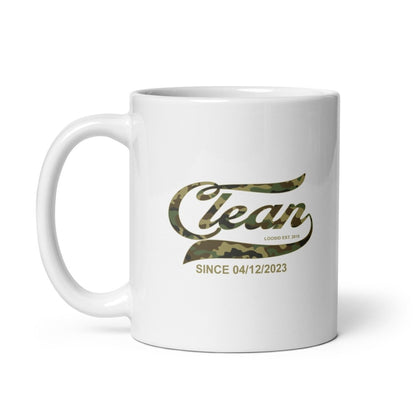 Clean Camo glossy Sober Sober Coffee Mug flat lay styled image (view 3)