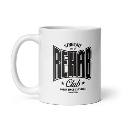 Rehab glossy Sober Sober Coffee Mug flat lay styled image (view 3)
