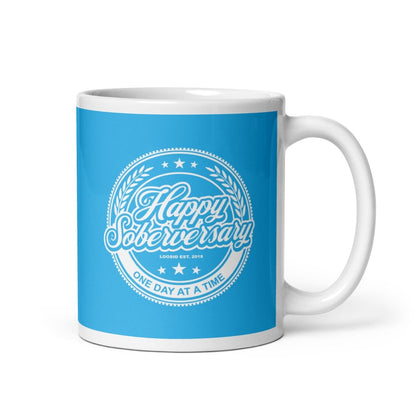 Loosid Lt. Blue Happy Soberversary Sober Coffee Mug featuring the design