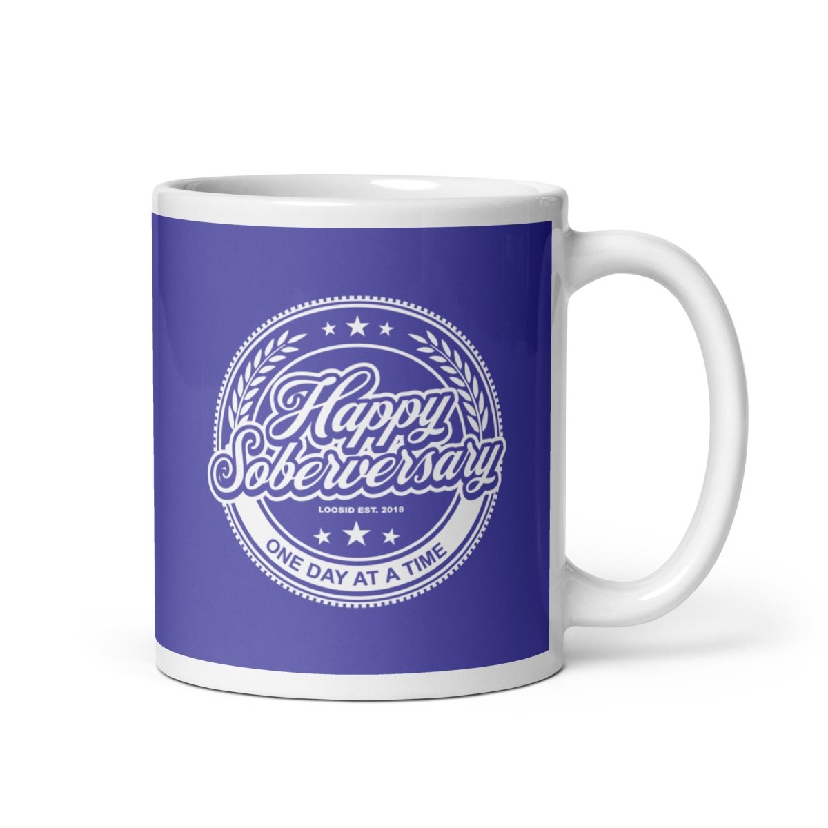 Loosid Purple Happy Soberversary Sober Coffee Mug featuring the design
