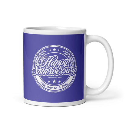 Loosid Purple Happy Soberversary Sober Coffee Mug featuring the design