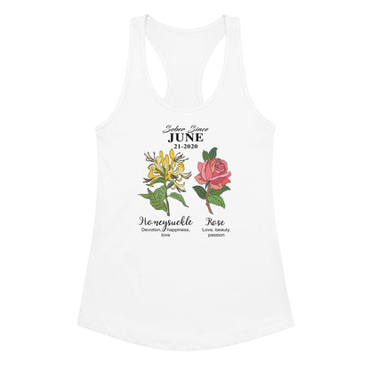 Sober Since Monthly Flower Personalized with Your Sober Date Sober Tank Top flat lay styled image (view 3)