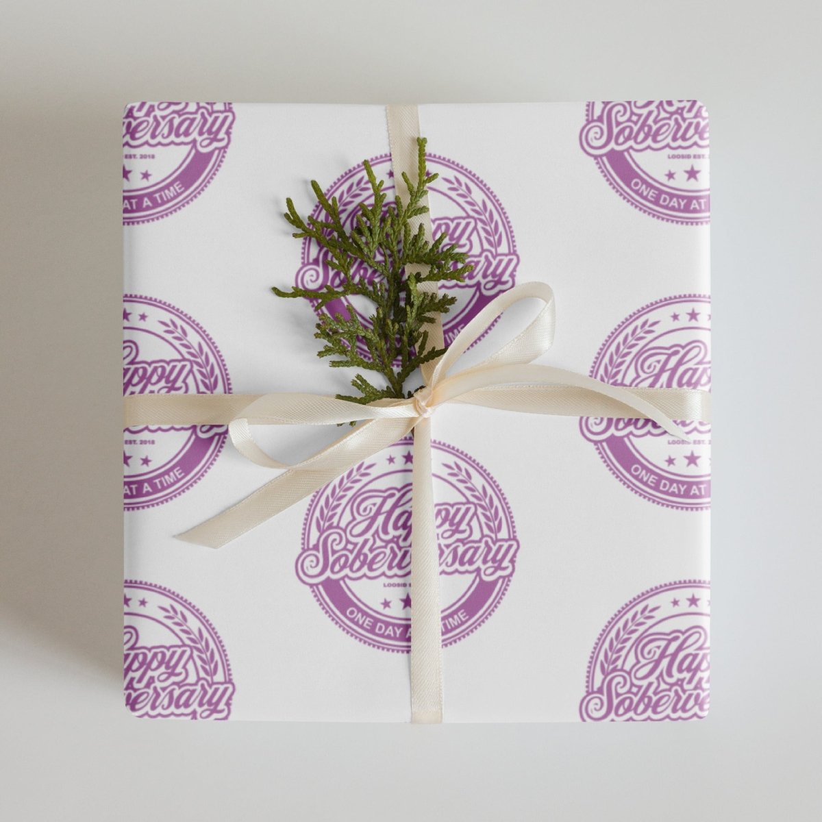 Loosid Pink Happy Soberversary Shield Wrapping Paper Sobriety Gift featuring the design