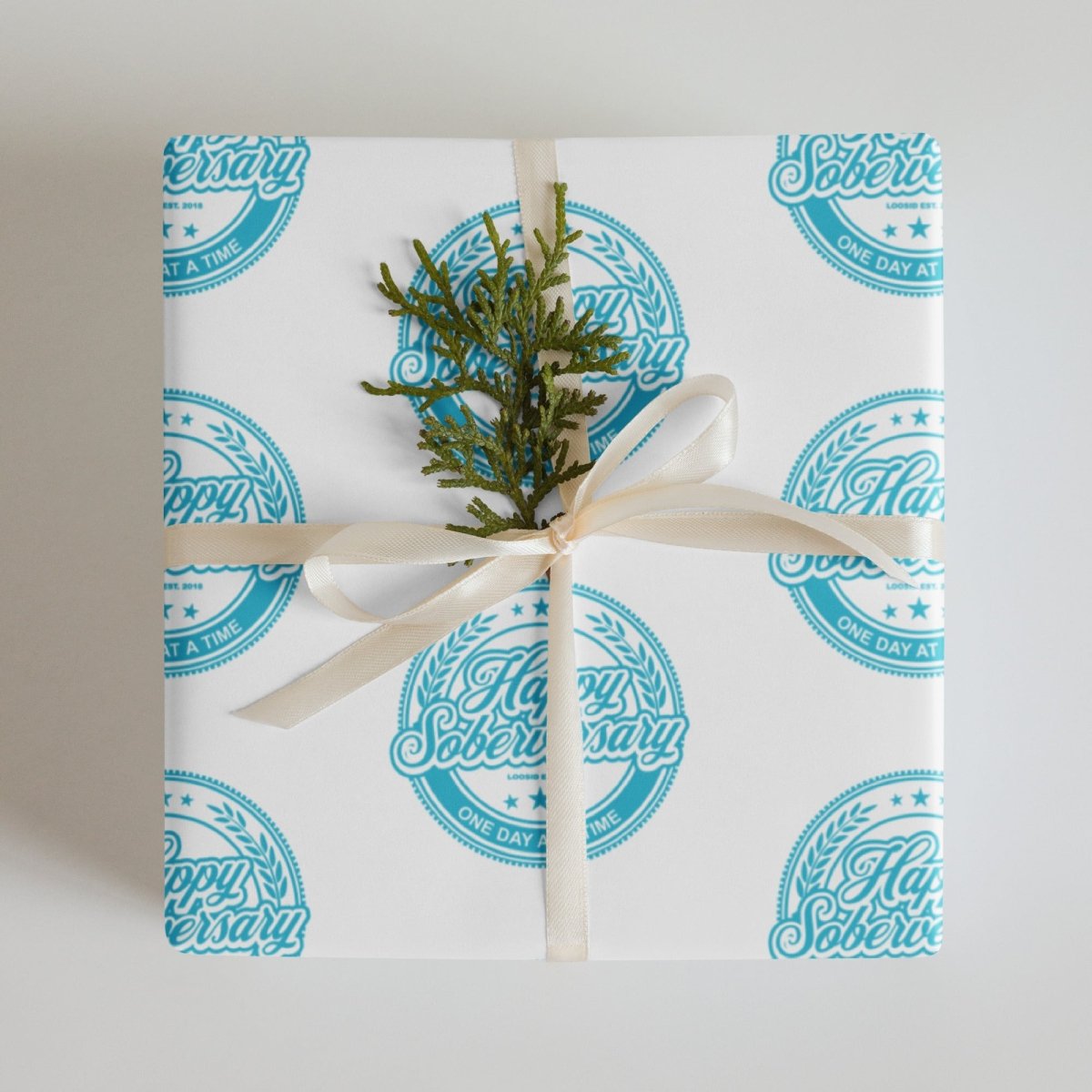 Loosid Lt. Blue Happy Soberversary Shield Wrapping Paper Sobriety Gift featuring the design