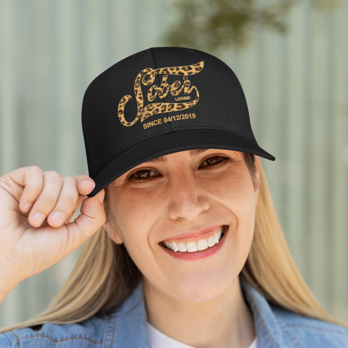 Leopard Sober Since Printed Trucker Cap w/ Personalized Sobriety Date